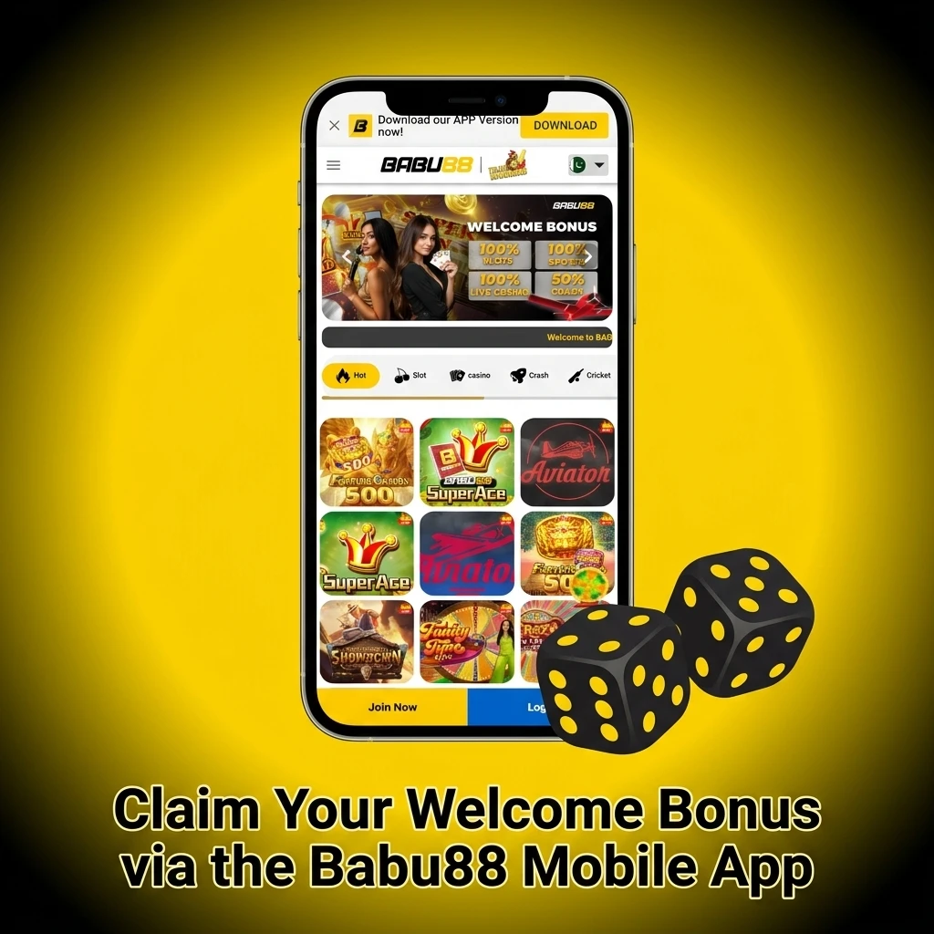 Babu88 mobile app on Android and iOS showing welcome bonus claim steps with Rs500 minimum deposit requirement
